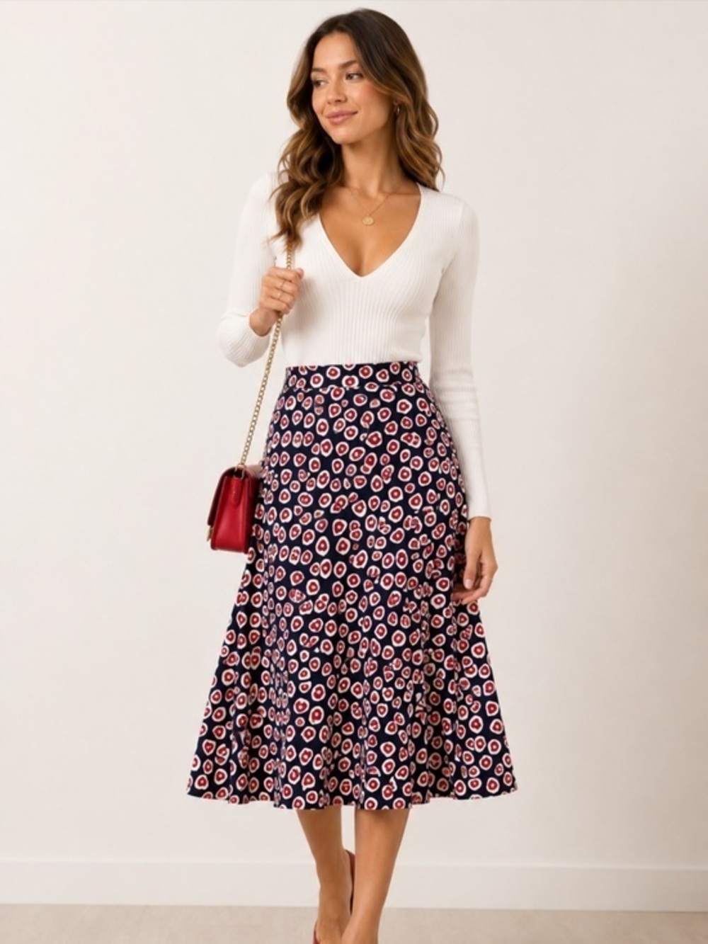 J.Crew Heart Print A-Line Midi Skirt Size 00 Navy Red White Valentine